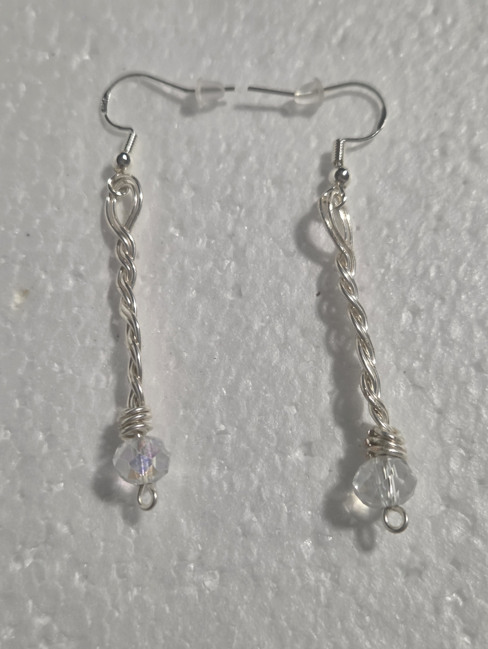 Handcrafted Silver-Tone Twisted Wire Drop Earrings with Clear Crystal Beads